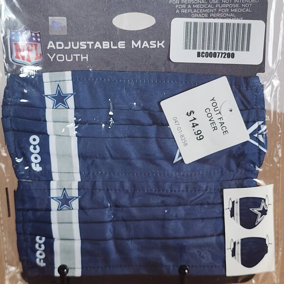Foco NFL Dallas Cowboys Adjustable Poly Cotton Youth Mask 2pk Different Patterns - Picture 1 of 16